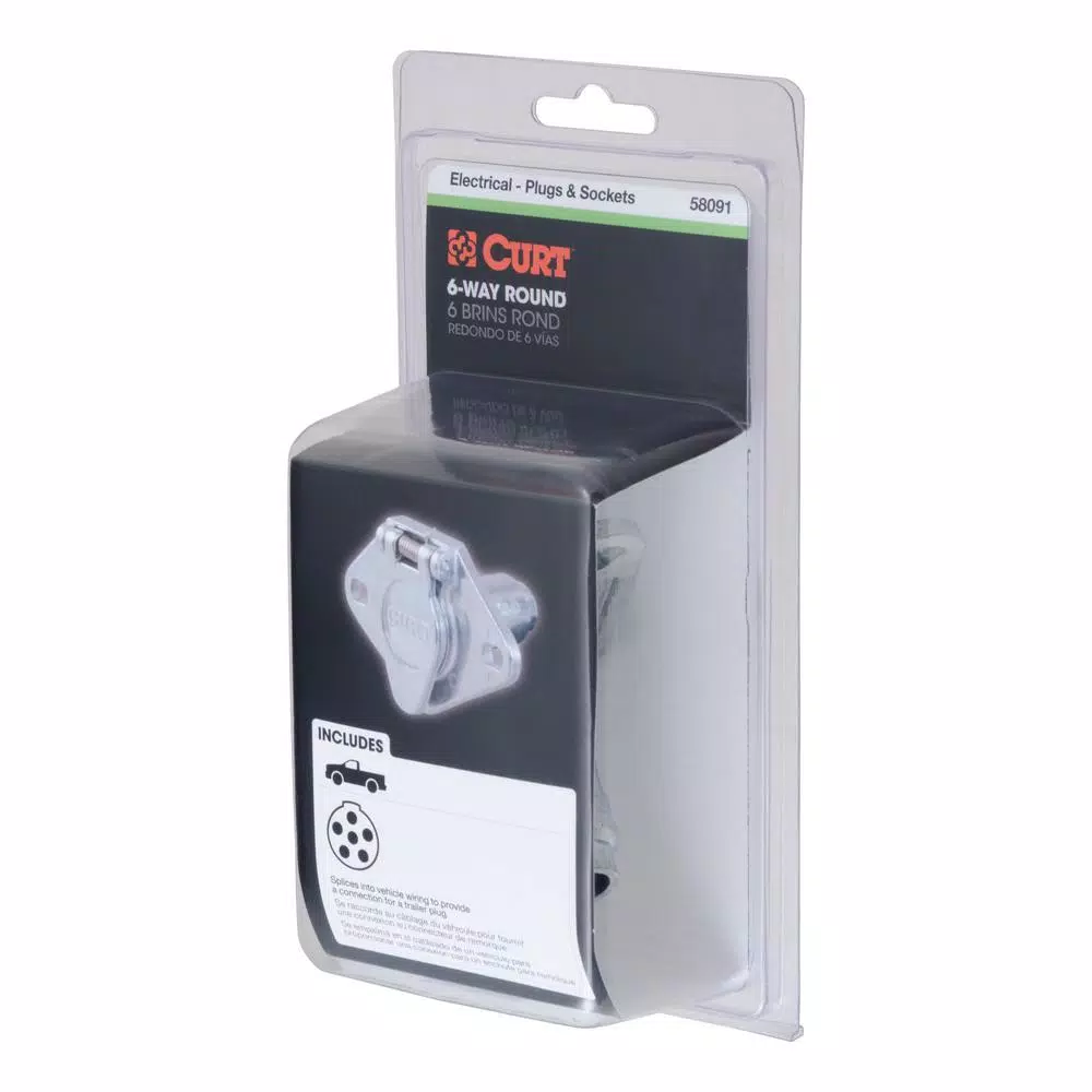 CURT 6-Way Round Trailer Connector Socket, Vehicle Side, Die-Cast Metal
