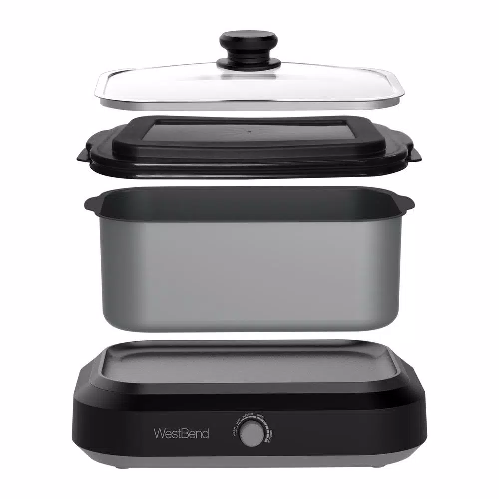 West Bend 5 Qt. Silver Non-Stick Versatility Slow Cooker with Griddle Base, Travel Lid and Thermal Tote