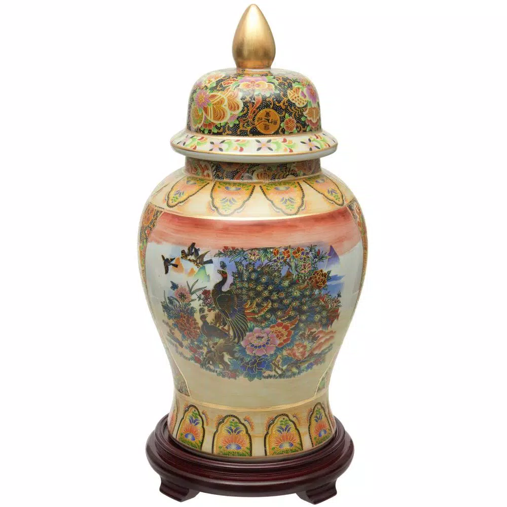 Unbranded Oriental Furniture 18 in. Rose Medallion Satsuma Peacock Porcelain Temple Jar