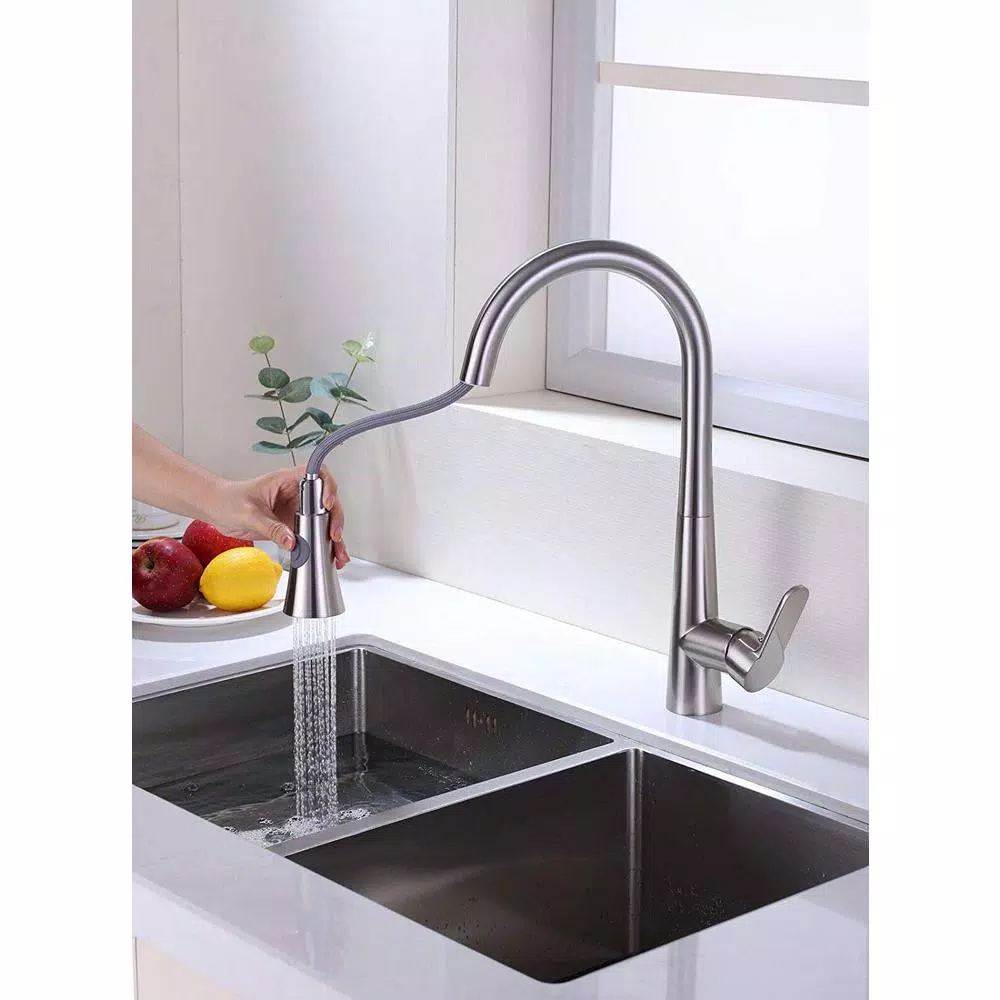 Vanity Art Brushed Nickel Single-Handle Pull-Down Kitchen Faucet with Sprayer Wand