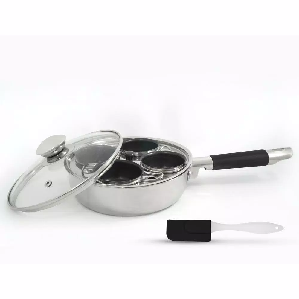 ExcelSteel 4-Cup 18/10 Stainless Steel Egg Poacher with Silicone Grip and Tempered Glass Lid