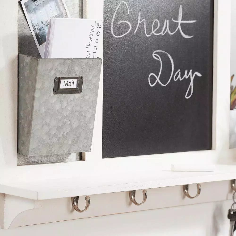 Home Decorators Collection White Wood Multi-Function Wall Organizer with Chalkboard and Hooks