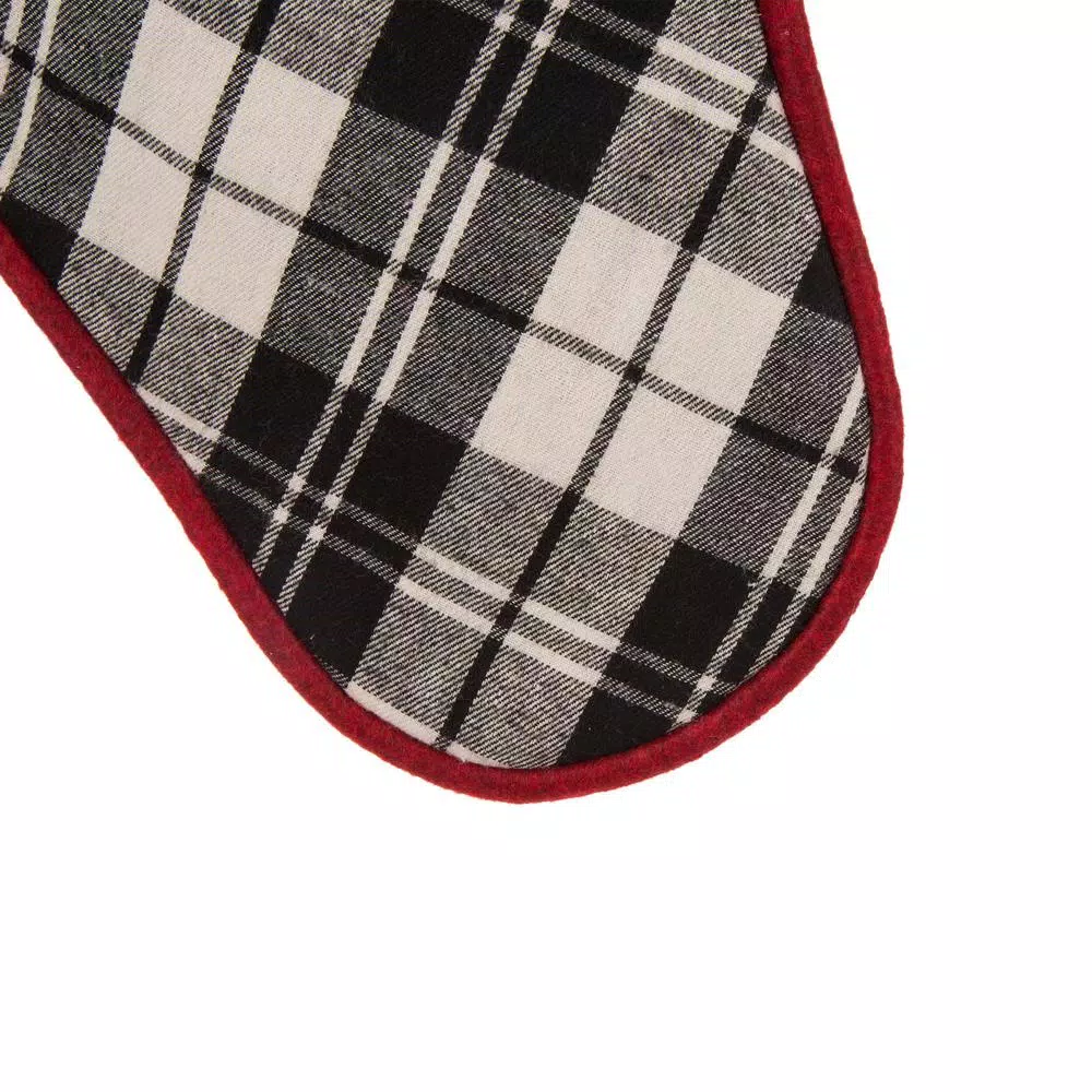Glitzhome 20 in. Black and White Plaid Fabric Christmas Stocking with Red Rim