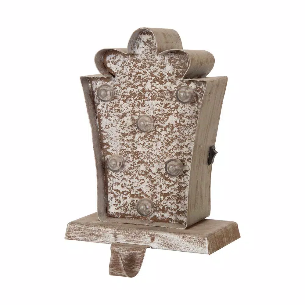 Glitzhome 7.5 in. Marquee LED Giftbox Stocking Holder - Metal and Wood Holiday Decor