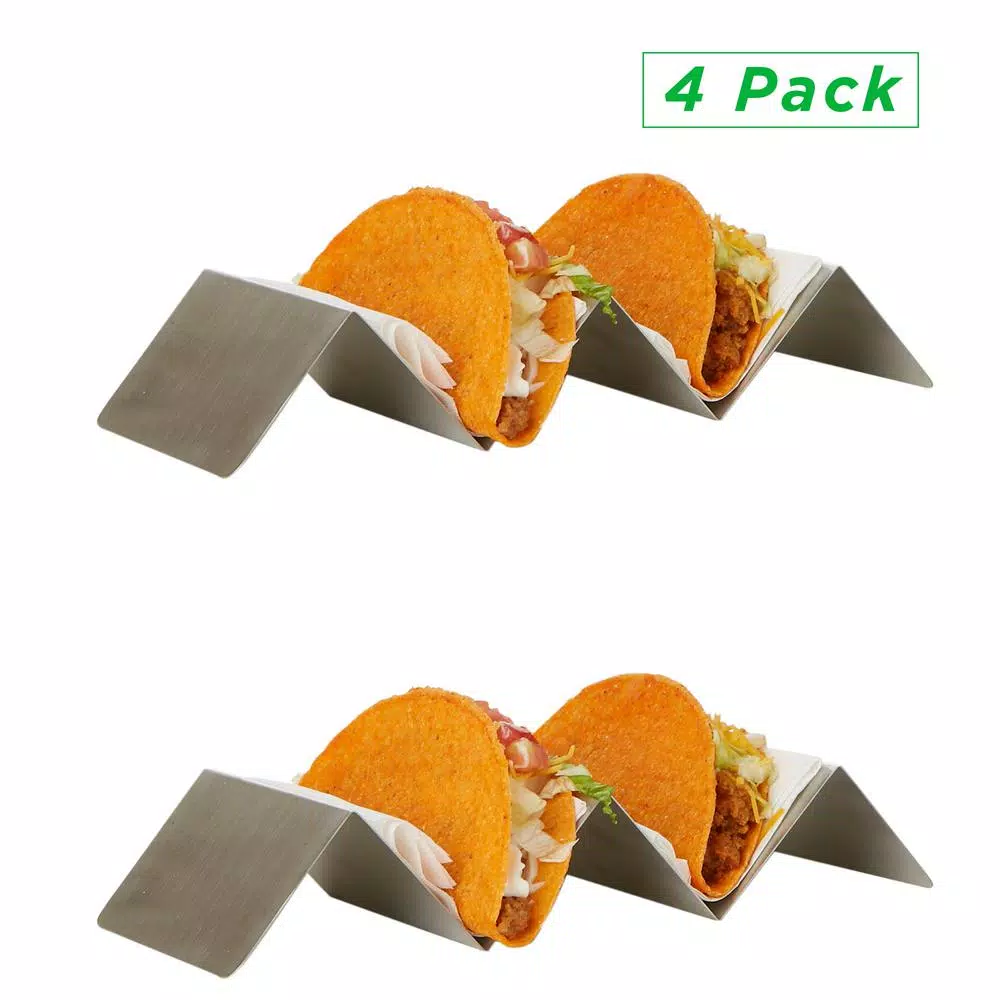 Unbranded Silver Stainless Steel Taco Holder Set, 4-Pack Serving Tray for Hard and Soft Shells, Grill Safe