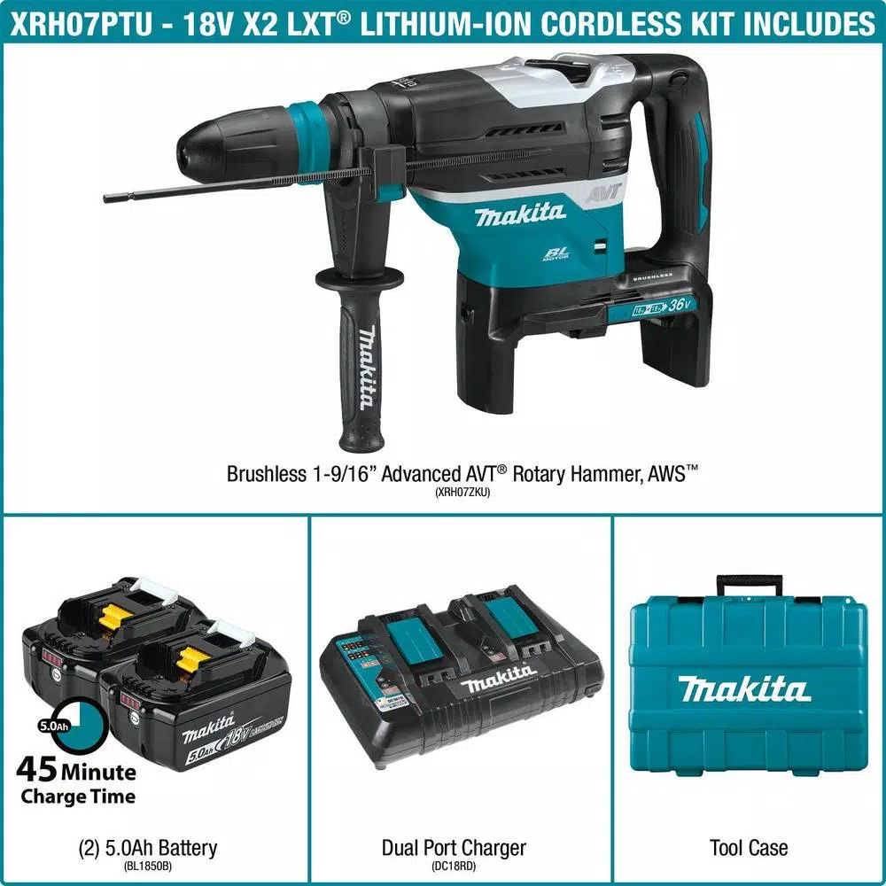 Makita XRH07PTU 18V X2 LXT 36V Cordless SDS-MAX Rotary Hammer Kit with AWS