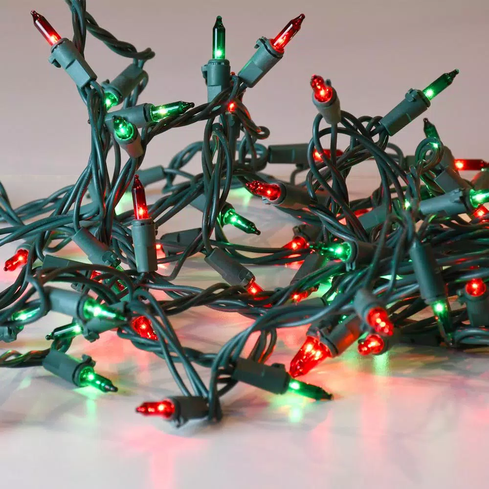 LUMABASE 200-Light Red and Green Mini String Lights, Steady Incandescent, Green Cord