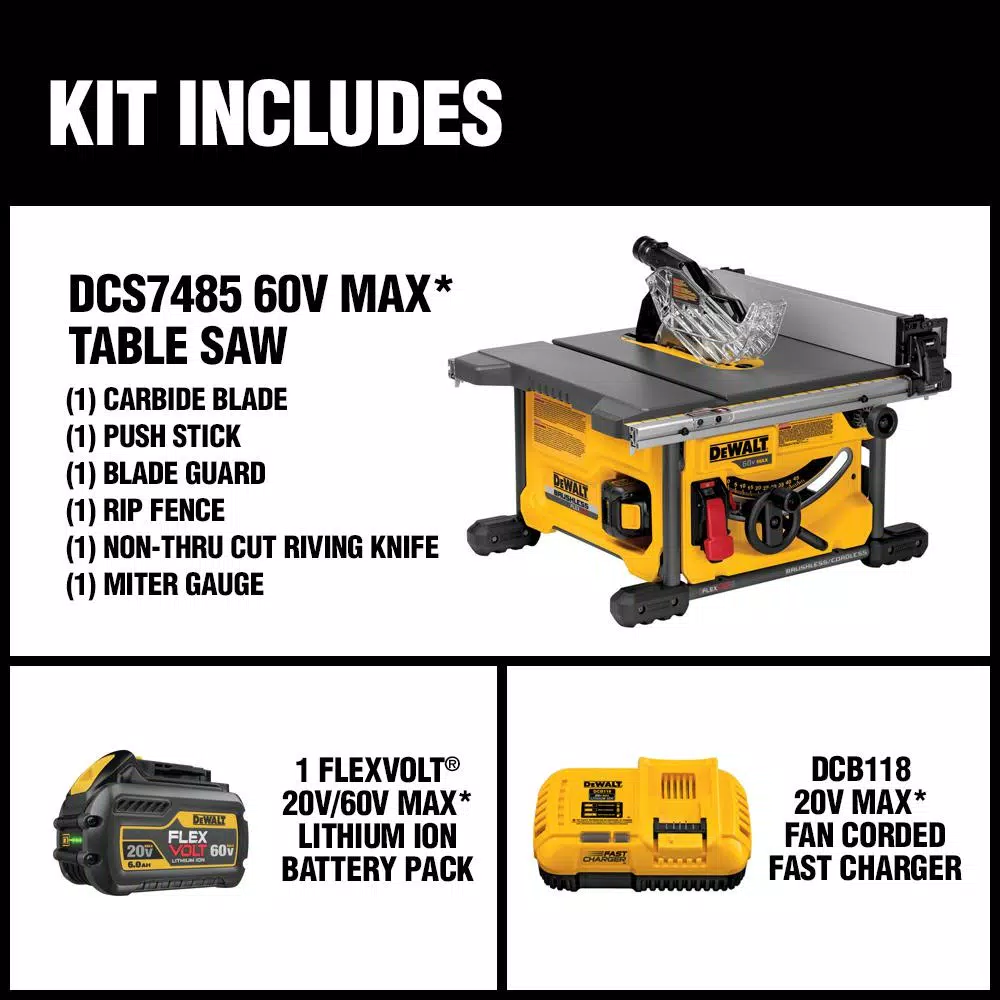 DEWALT FLEXVOLT 60V MAX Cordless Brushless 8-1/4 in. Table Saw Kit with (3) 6.0 Ah Batteries