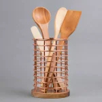 Creative Home Acacia Wood and Copper Iron Wire Utensil Tool Holder Crock thumbnail 2