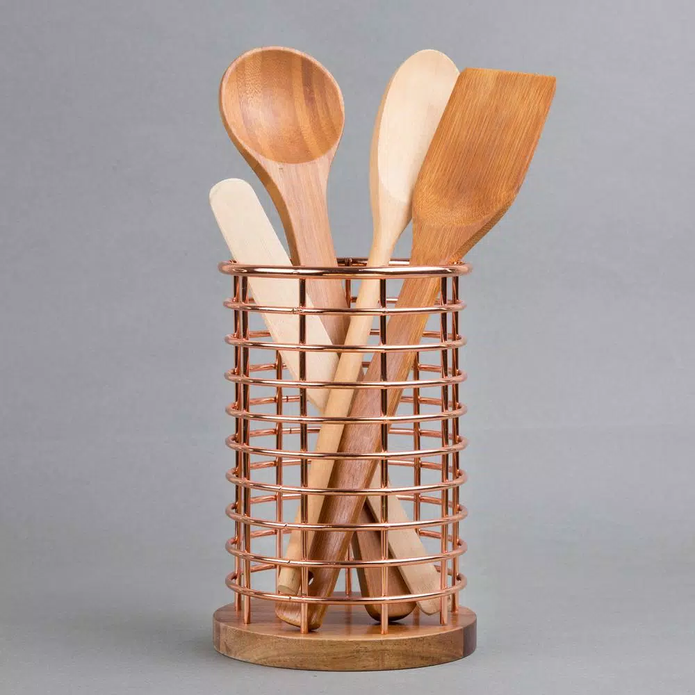 Creative Home Acacia Wood and Copper Iron Wire Utensil Tool Holder Crock