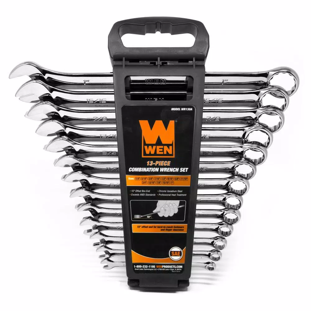 WEN 13-Piece SAE Combination Wrench Set with Storage Rack, Chrome Vanadium Steel