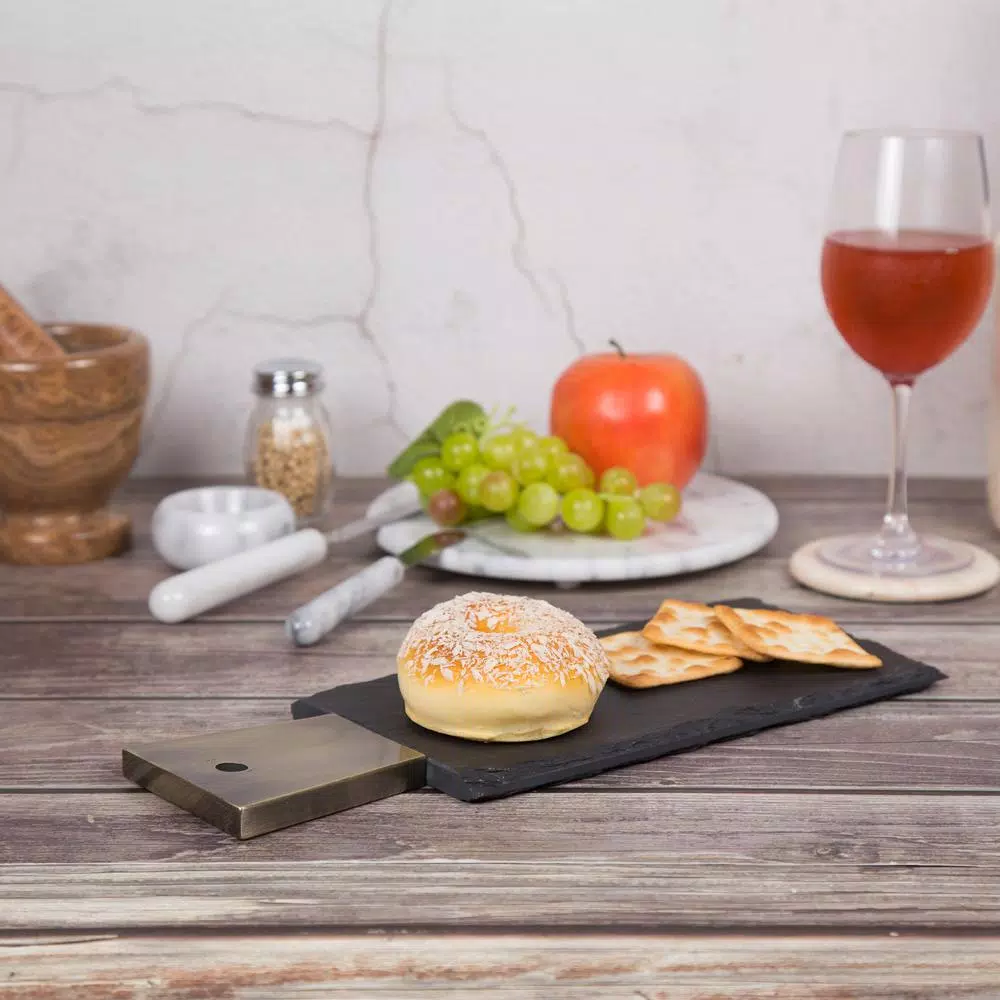 Creative Home Natural Black Slate Cheese Serving Board with Copper Trim Handle, 13 x 5 in.