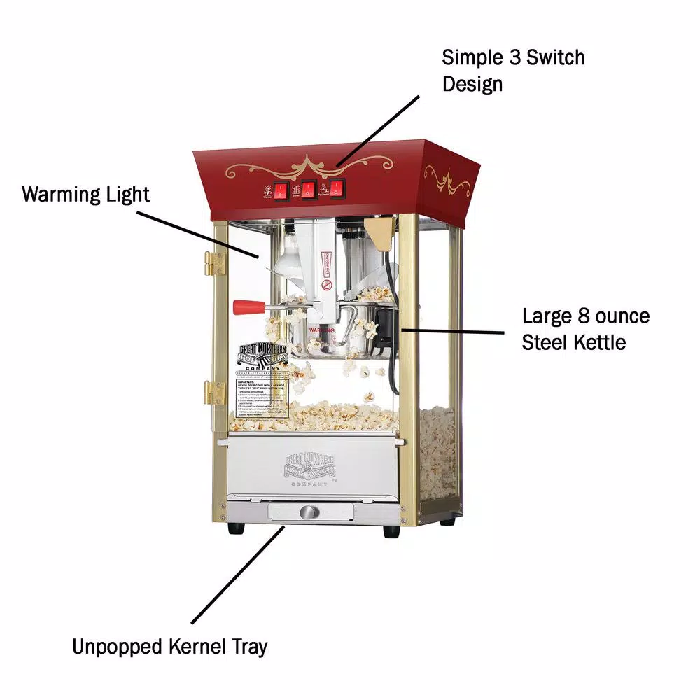 Great Northern Red Antique Style 8 oz. Commercial Popcorn Popper Machine with Tempered Glass