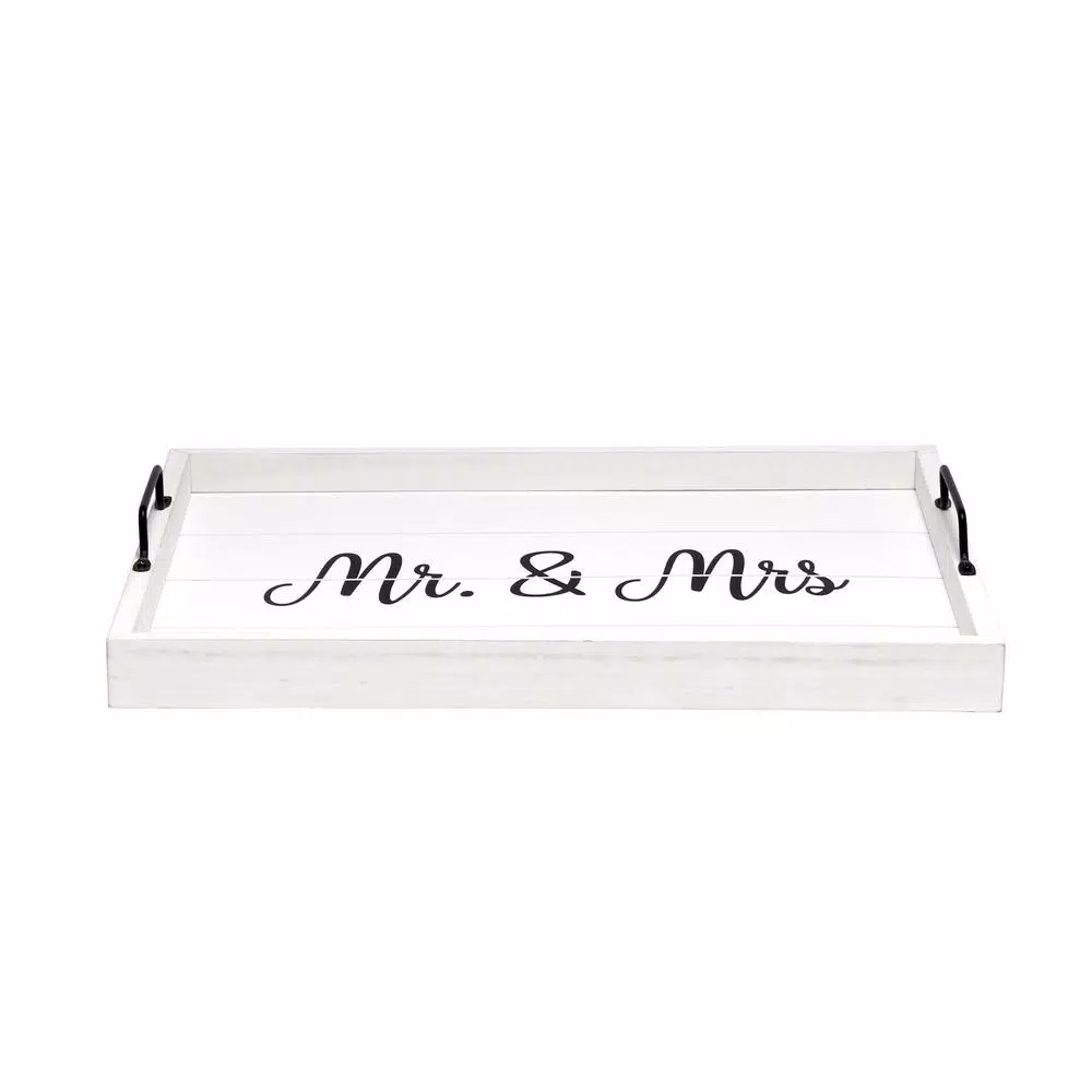 Elegant Designs White Wash Wooden Decorative Serving Tray with Black Metal Handles - Mr. and Mrs. Farmhouse Style