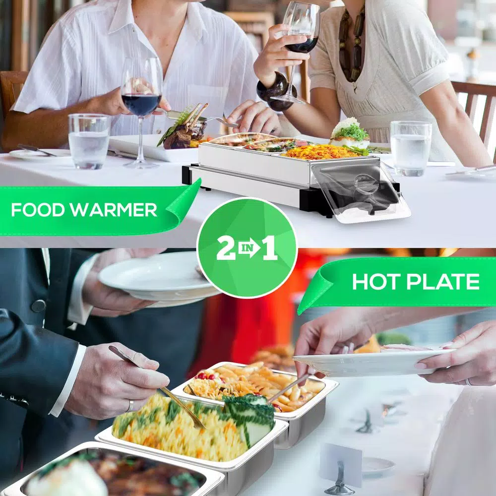 NutriChef 21.9 in. Stainless Steel 3-Plate Electric Buffet Server Food Warming Tray