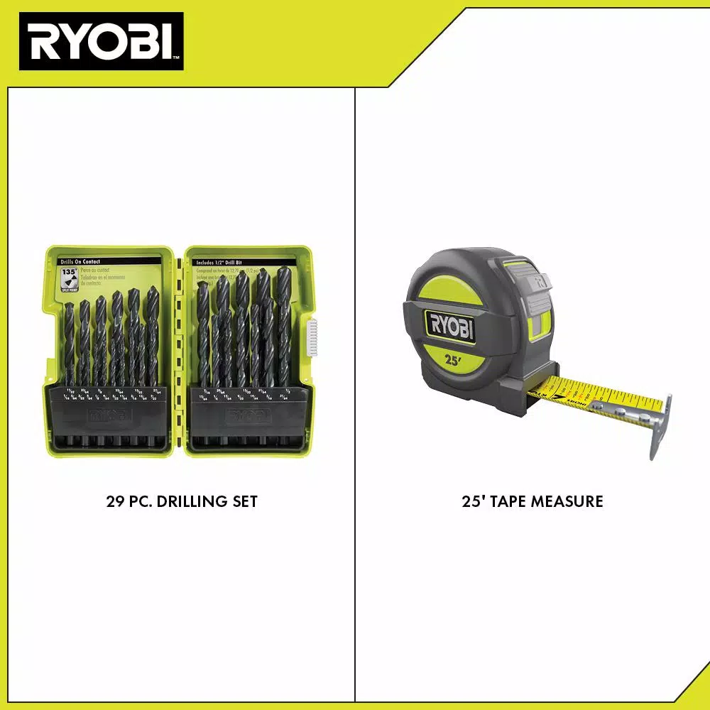 RYOBI 29-Piece Black Oxide Index Drill Bit Set with Bonus 25 ft. Tape Measure