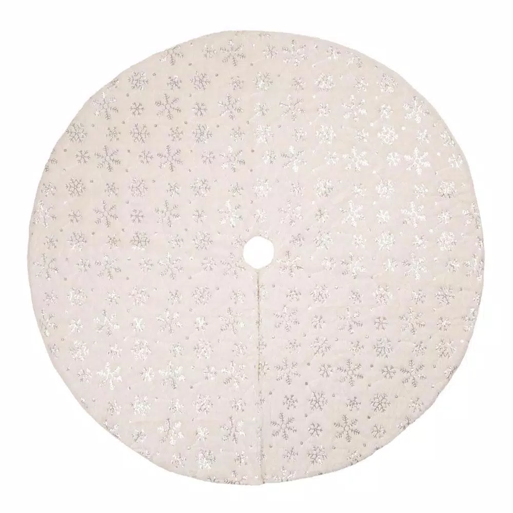 Unbranded 48 in. White Plush Tree Skirt and 2 Stockings Set with Snowflake Embroidery and Beaded Design