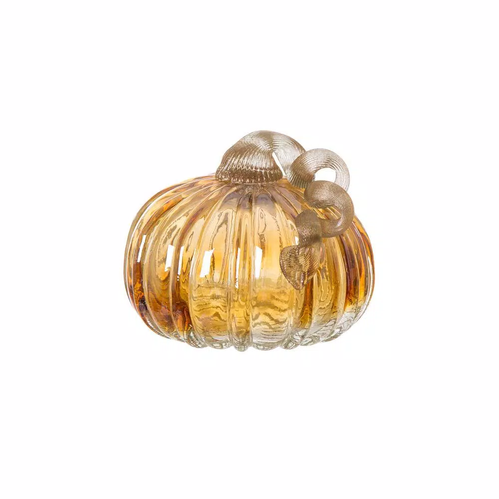 Glitzhome Set of 2 Green and Amber Crackle Glass Short Pumpkins, 4.72 in. Handmade Fall Decor