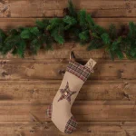 VHC Brands 20 in. Clement Natural Tan Rustic Christmas Star Stocking - Cotton and Jute Plaid Decor thumbnail 3
