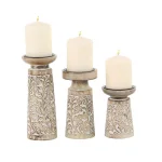 LITTON LANE Rustic Mango Wood and Iron Candle Holder Set of 3 with Floral Carvings thumbnail 1