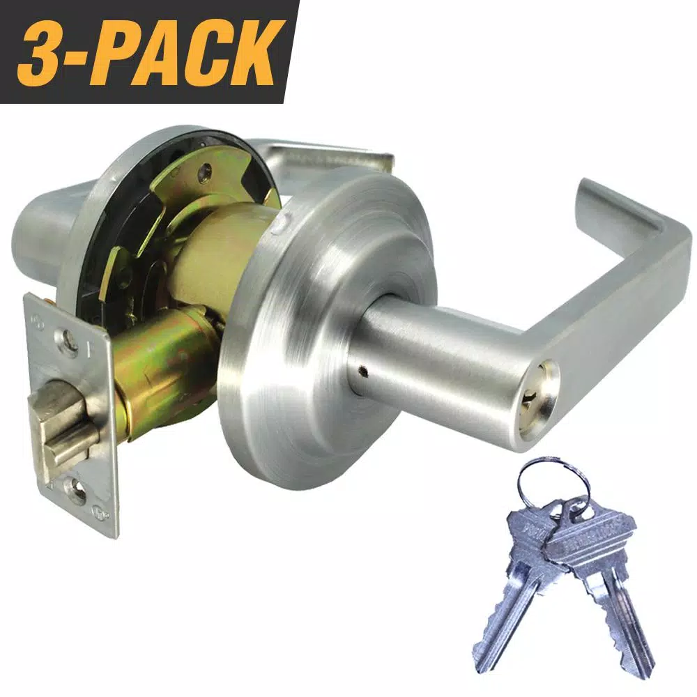 Premier Lock Heavy-Duty Satin Chrome ANSI Grade 2 Entry Door Lever Lock Set, 3-Pack Keyed Alike