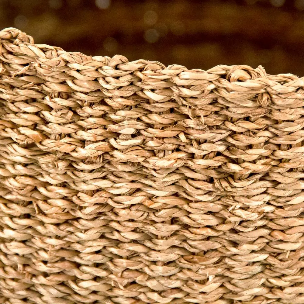 Zentique Hand Woven Seagrass and Palm Leaf Decorative Basket with Beige Stripes, Medium