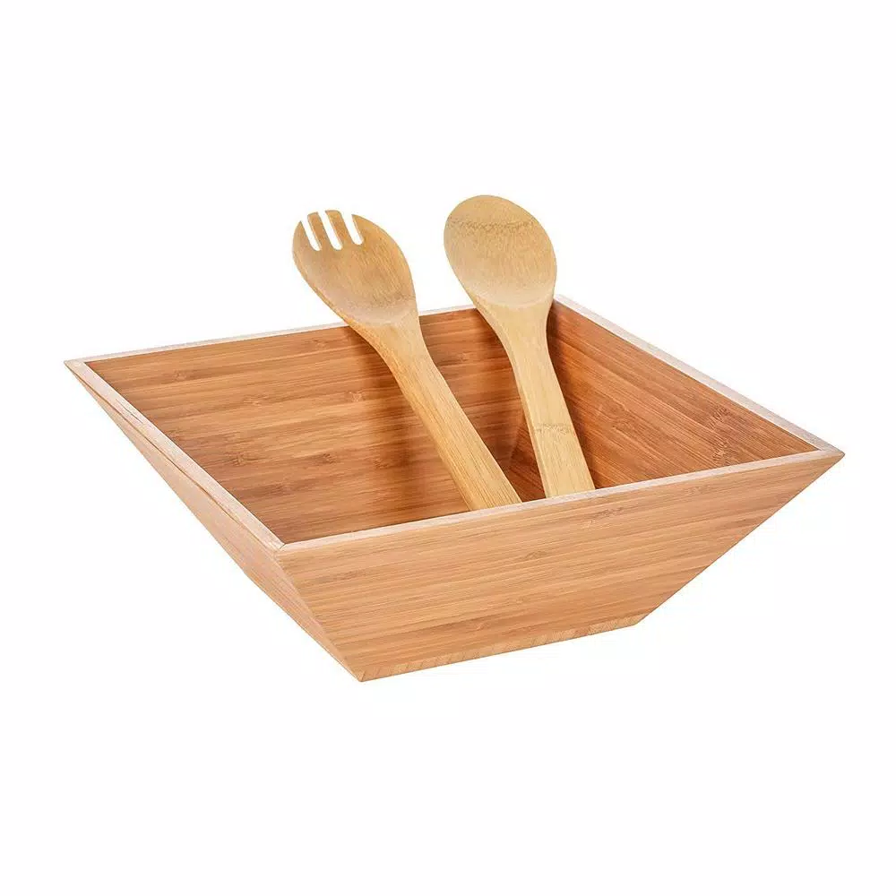 Heim Concept 4-Piece Bamboo Serving Bowl Set with Square Salad Bowls and Serving Hands
