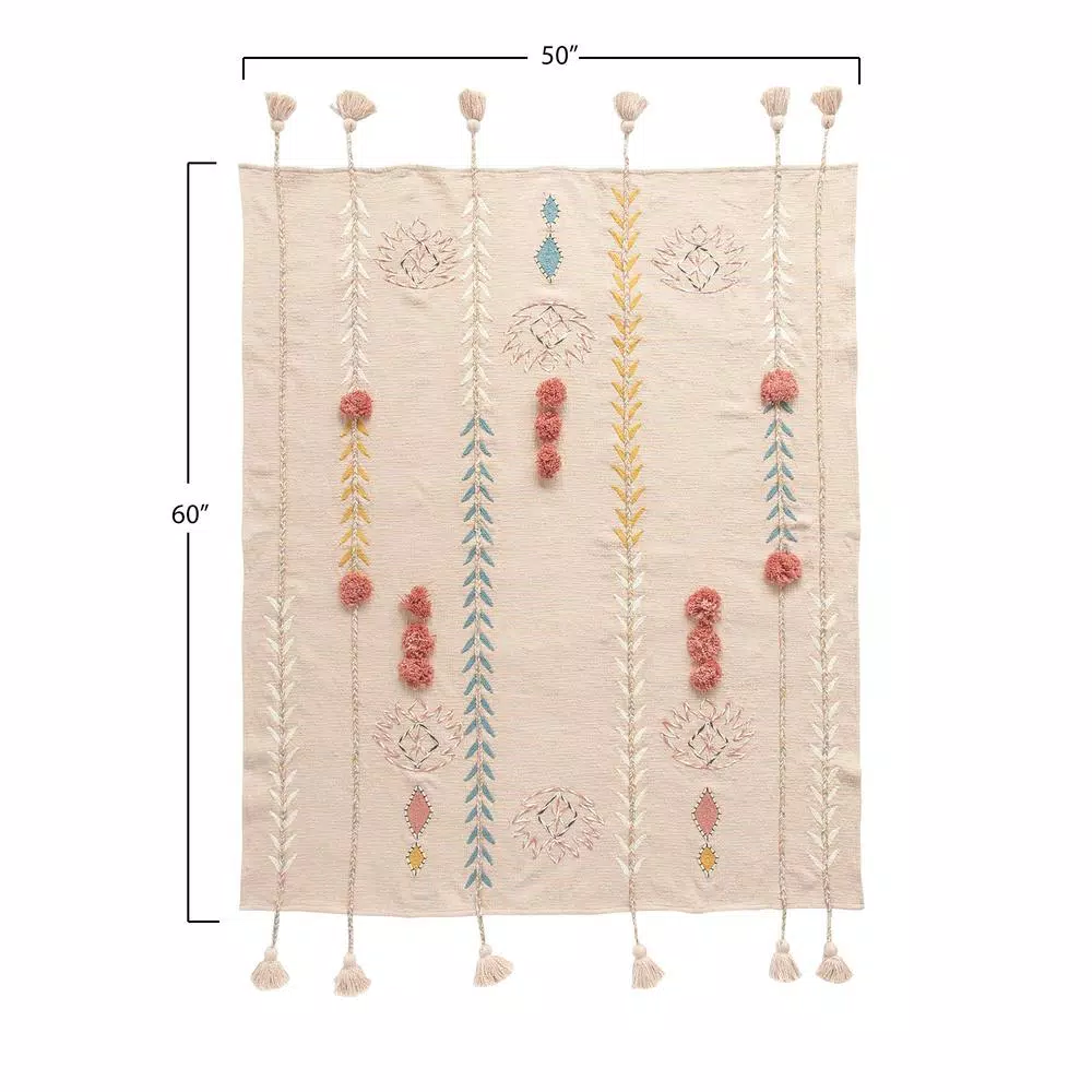 3R Studios Pink Cotton Decorative Throw Blanket with Applique, Pom Poms and Tassels