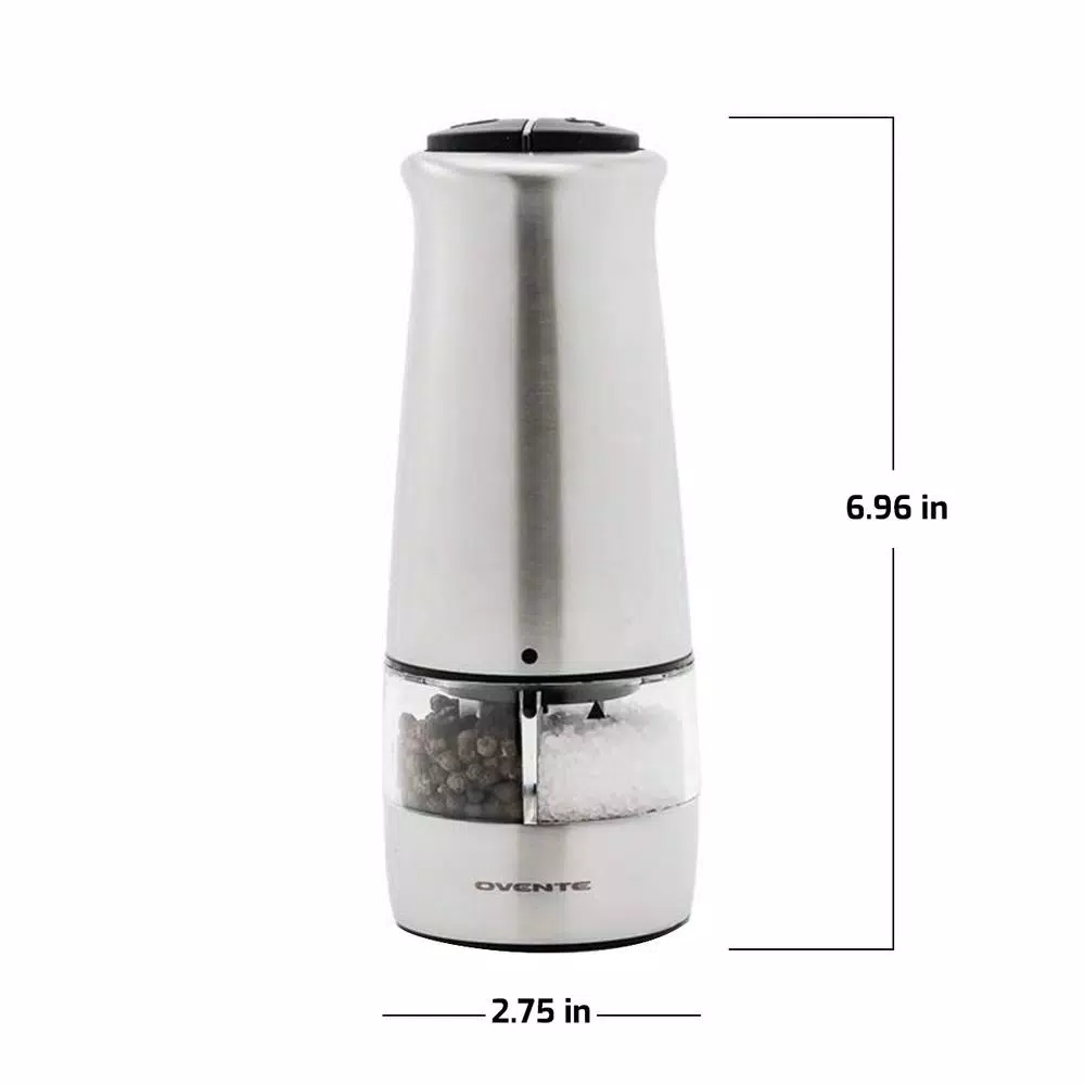 Ovente 2-in-1 Electric Salt and Pepper Grinder, Stainless Steel Silver, Battery Operated