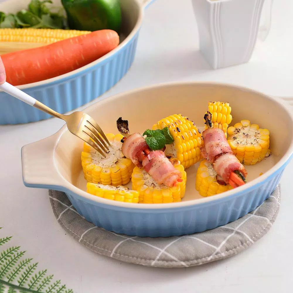 MALACASA 2-Piece Blue Oval Porcelain Bakeware Set, 12.75 in. and 14.5 in. Ceramic Baking Dishes