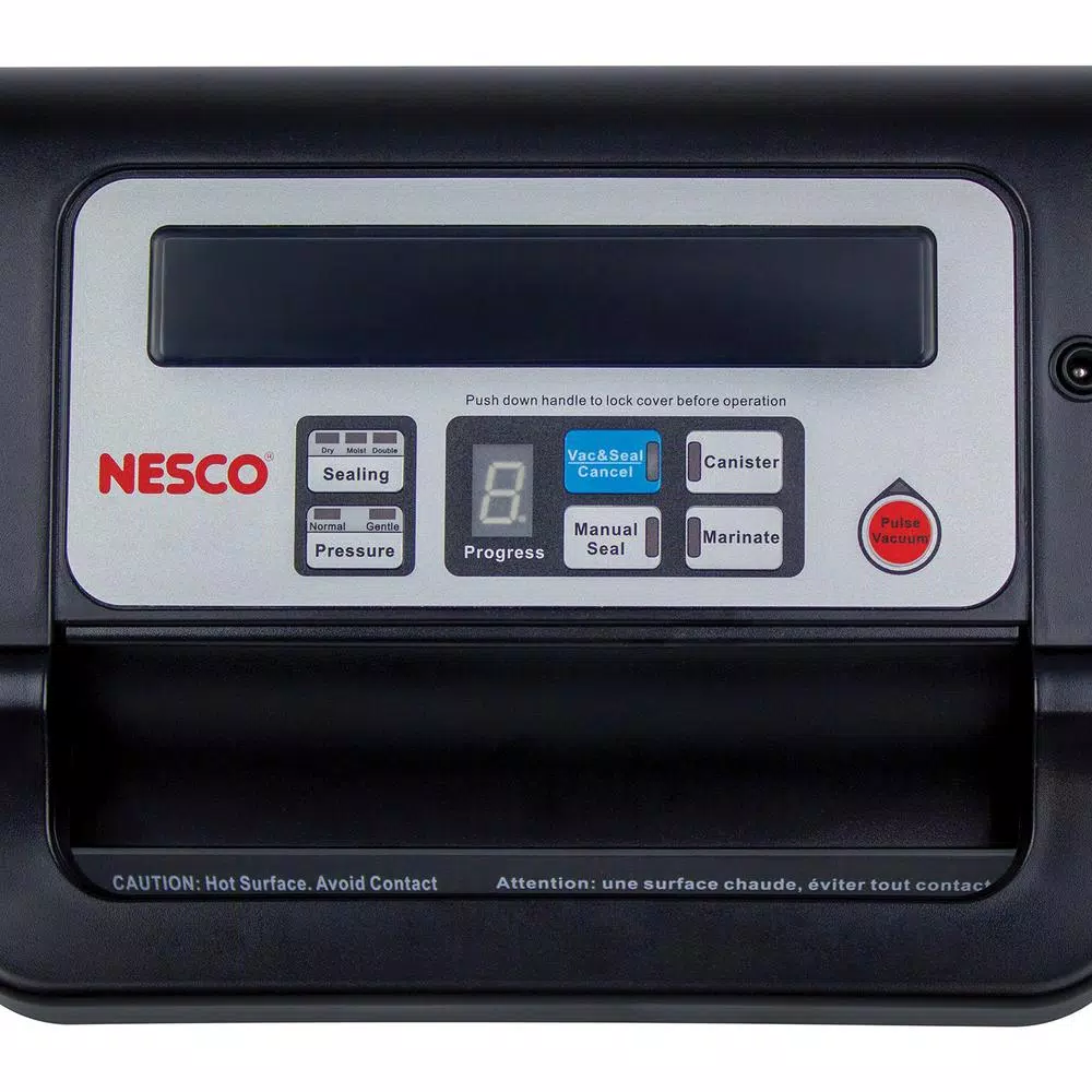 Nesco Deluxe Vacuum Sealer, 130W Double Vacuum Pump with Bag Cutter and Roll Storage, Black and Silver