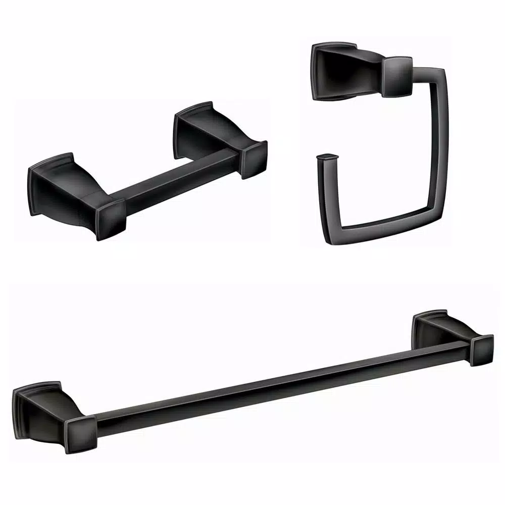 Moen Hensley 3-Piece Matte Black Bath Hardware Set with 24 in. Towel Bar, Paper Holder, and Towel Ring