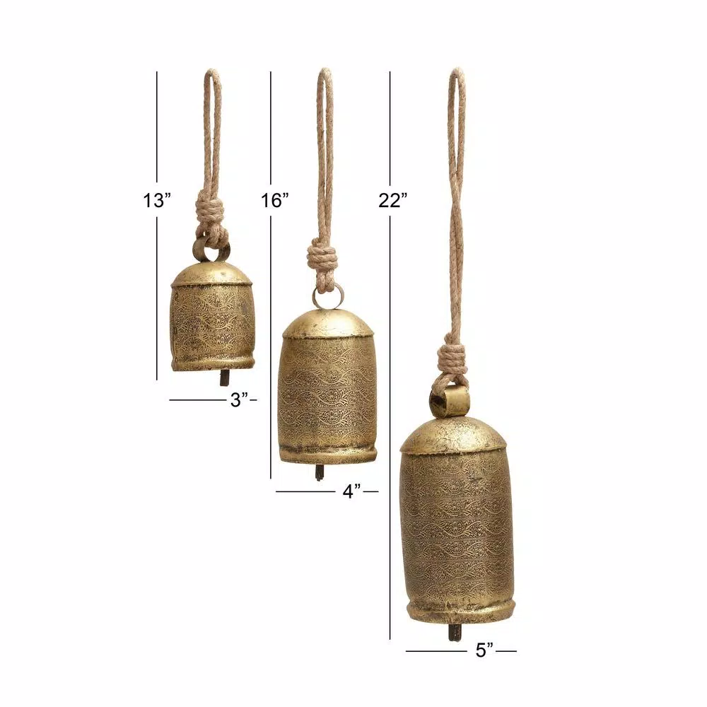 LITTON LANE Gold Brass Iron Bells with Natural Jute Rope Hangers, Set of 3