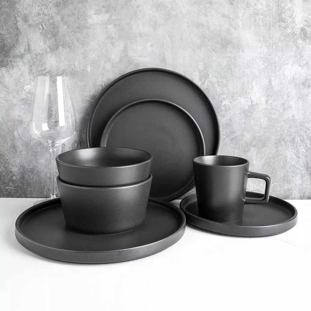 Stone Lain 32-Piece Modern Black Matte Stoneware Dinnerware Set, Service for 8