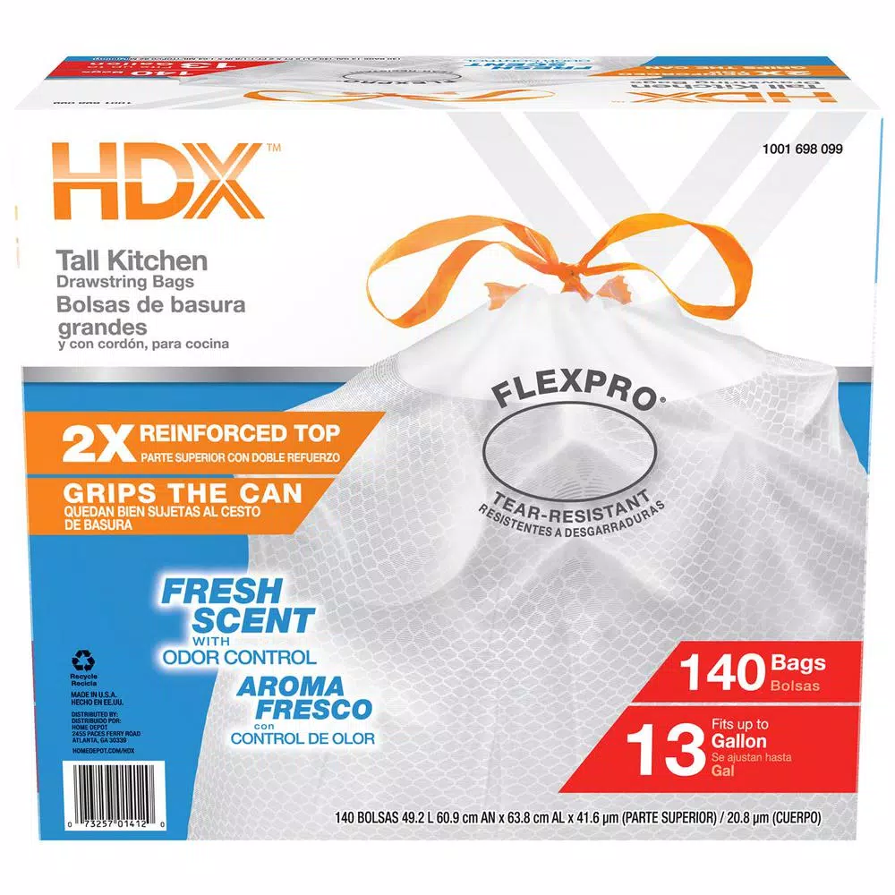 HDX FlexPro 13 Gallon Kitchen Trash Bags with Drawstring, Fresh Scent, 140 Count