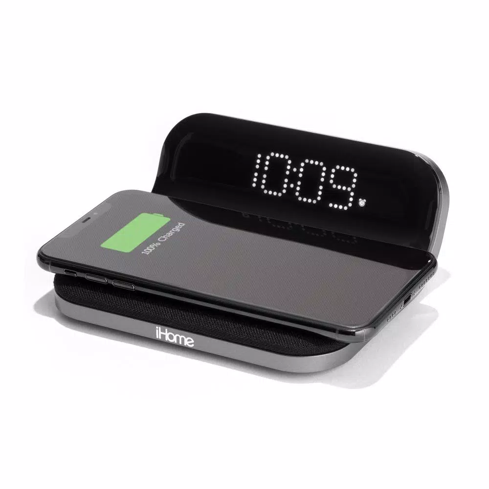 iHome Sleek Digital Alarm Clock with Qi Wireless Charging and USB Port, Designer Fabric Finish
