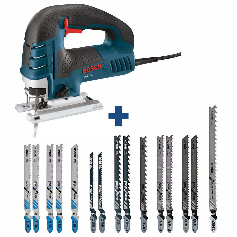 Bosch JS470E 7 Amp Corded Variable Speed Jig Saw Kit with Carrying Case and 15-Piece T-Shank Blade Set