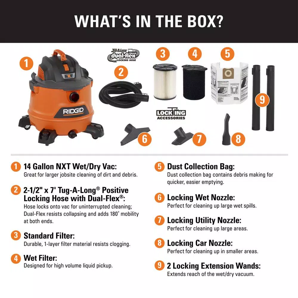 RIDGID 14 Gal. 6.0 Peak HP NXT Wet/Dry Shop Vacuum with 2.5 in. Locking Accessories