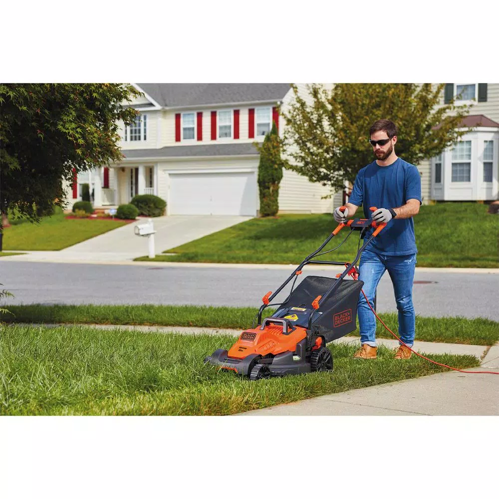 BLACK+DECKER 15 in. 10 Amp Corded Electric Walk Behind Push Lawn Mower with Bagger