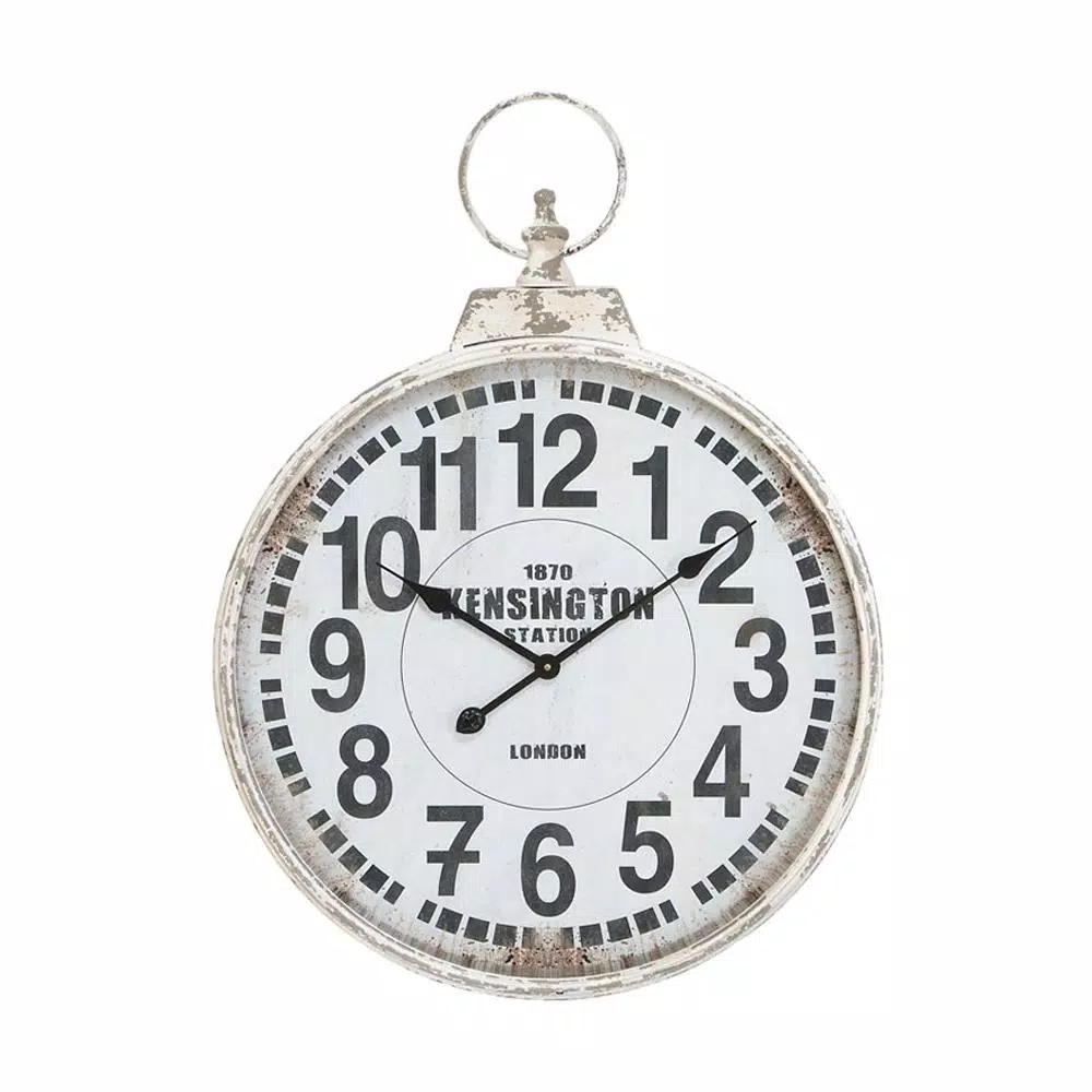 LITTON LANE 32 in. London Inspired Antique Round Wall Clock - Distressed White Metal Farmhouse Decor