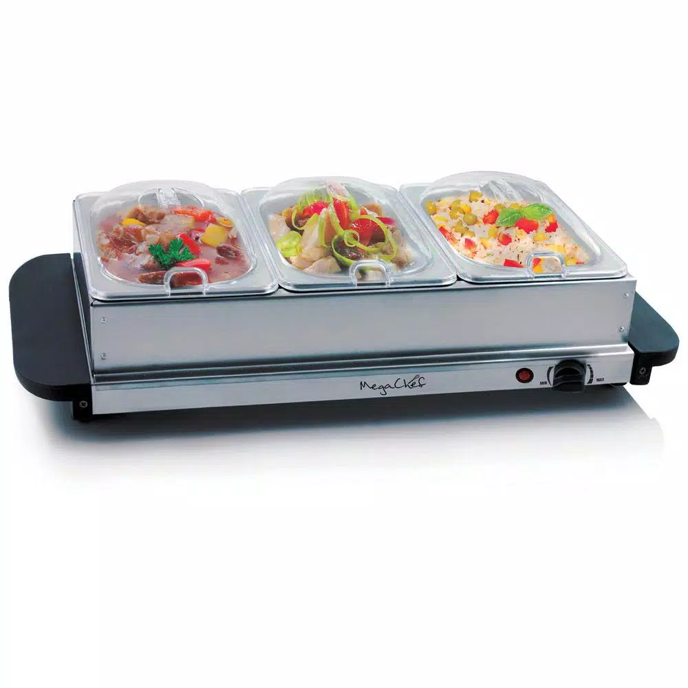 MegaChef 1.5L Stainless Steel Electric Buffet Server and Warming Tray with 3 Removable Crocks