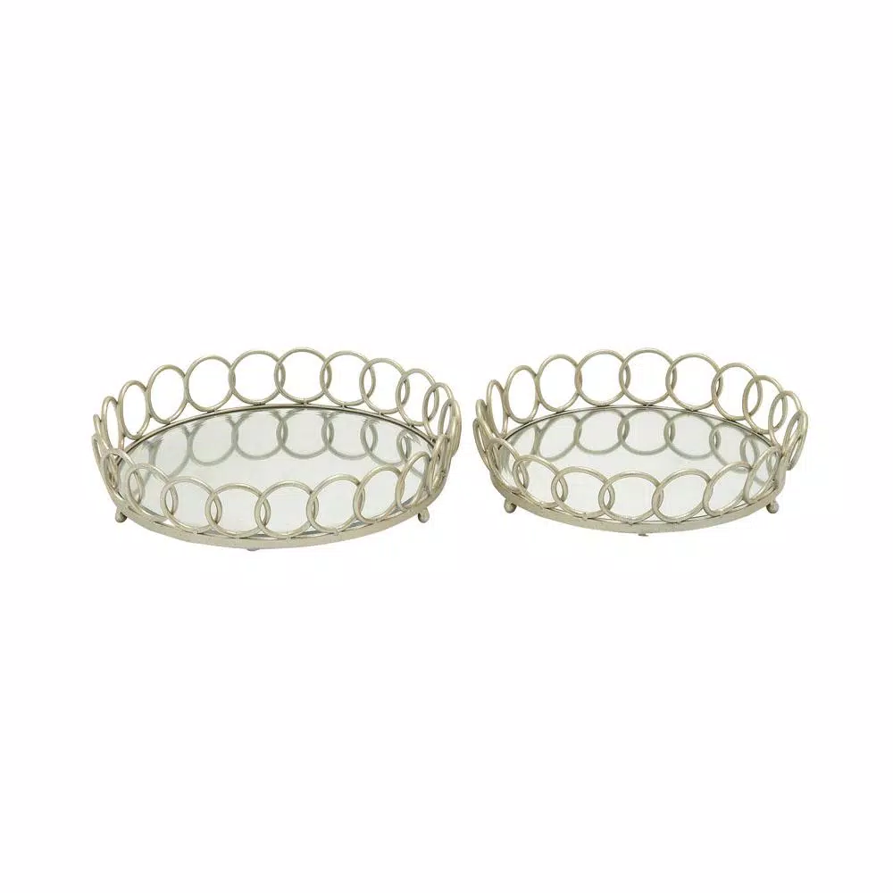 LITTON LANE Modern Reflections Silver Round Mirror Ring Trays, Set of 2