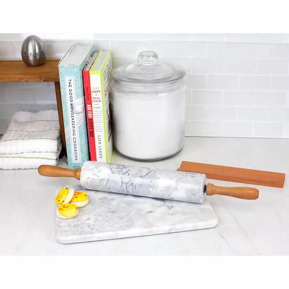 Unbranded White Marble Rolling Pin with Wooden Handles and Rolling Pin Rest