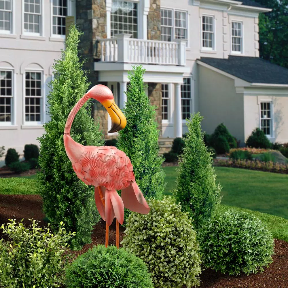 National Tree Company 32 in. Metal Pink Flamingo Garden Statue - Coastal Style Outdoor/Indoor Sculpture