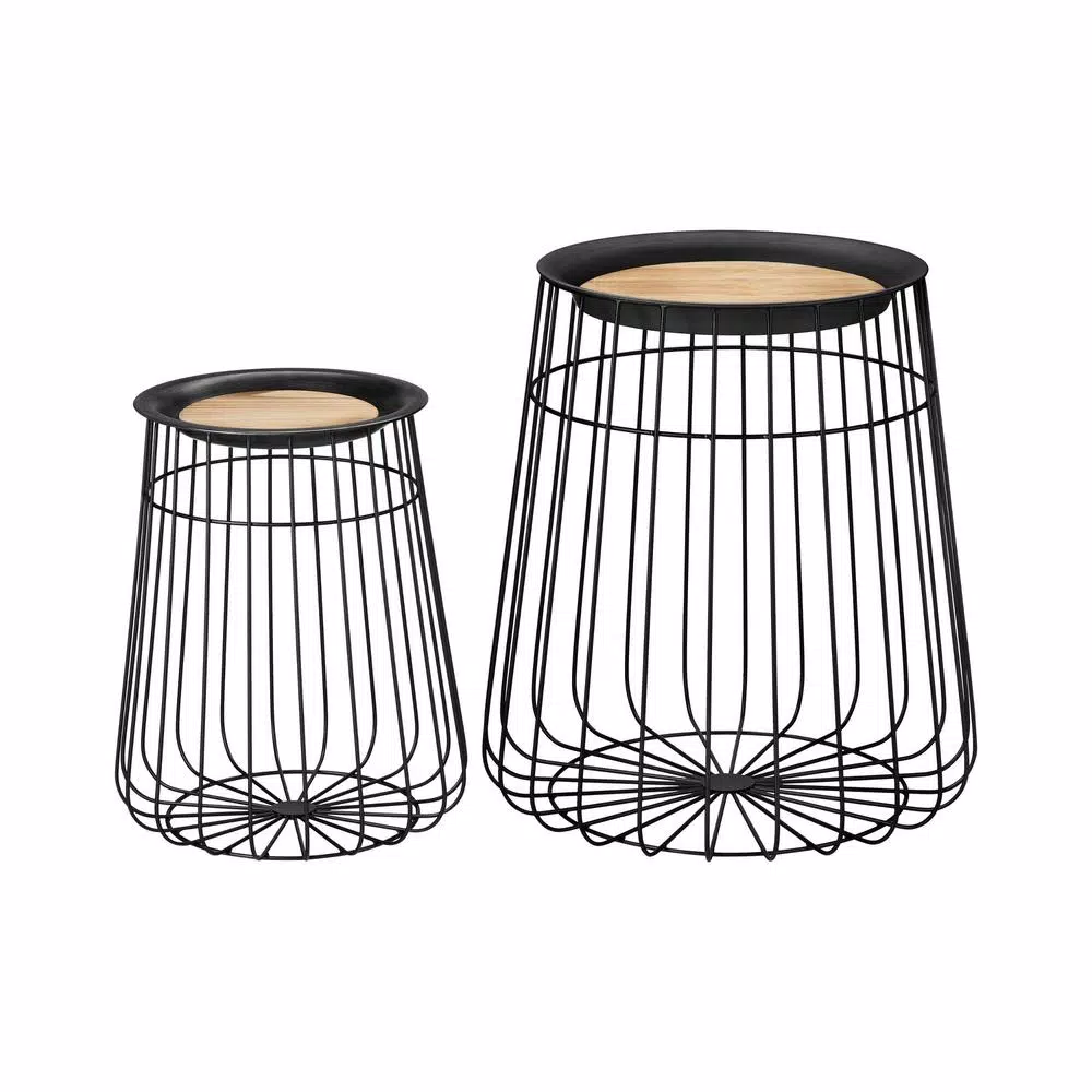 Home Decorators Collection Round Black Metal Decorative Basket Set with Wood Lid, Set of 2
