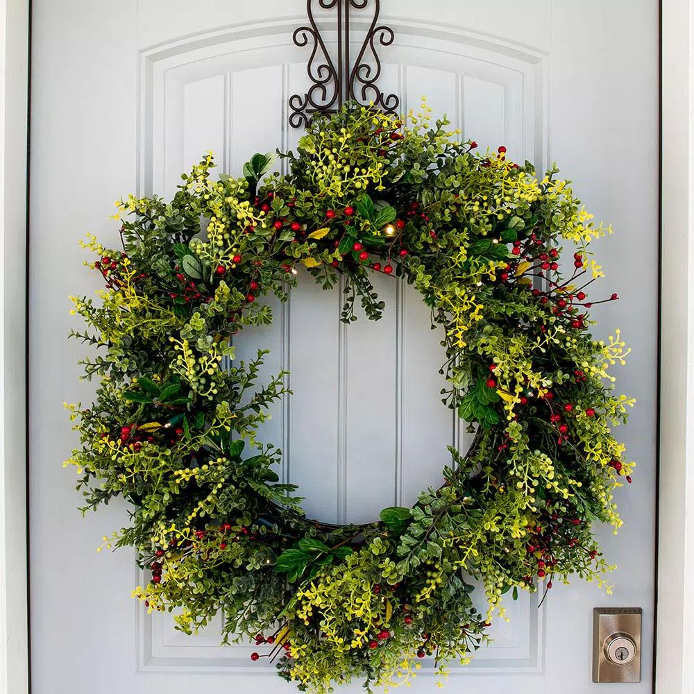 Village Lighting Company 30 in. Pre-Lit LED Boxwood and Berry Christmas Wreath with Remote and Timer