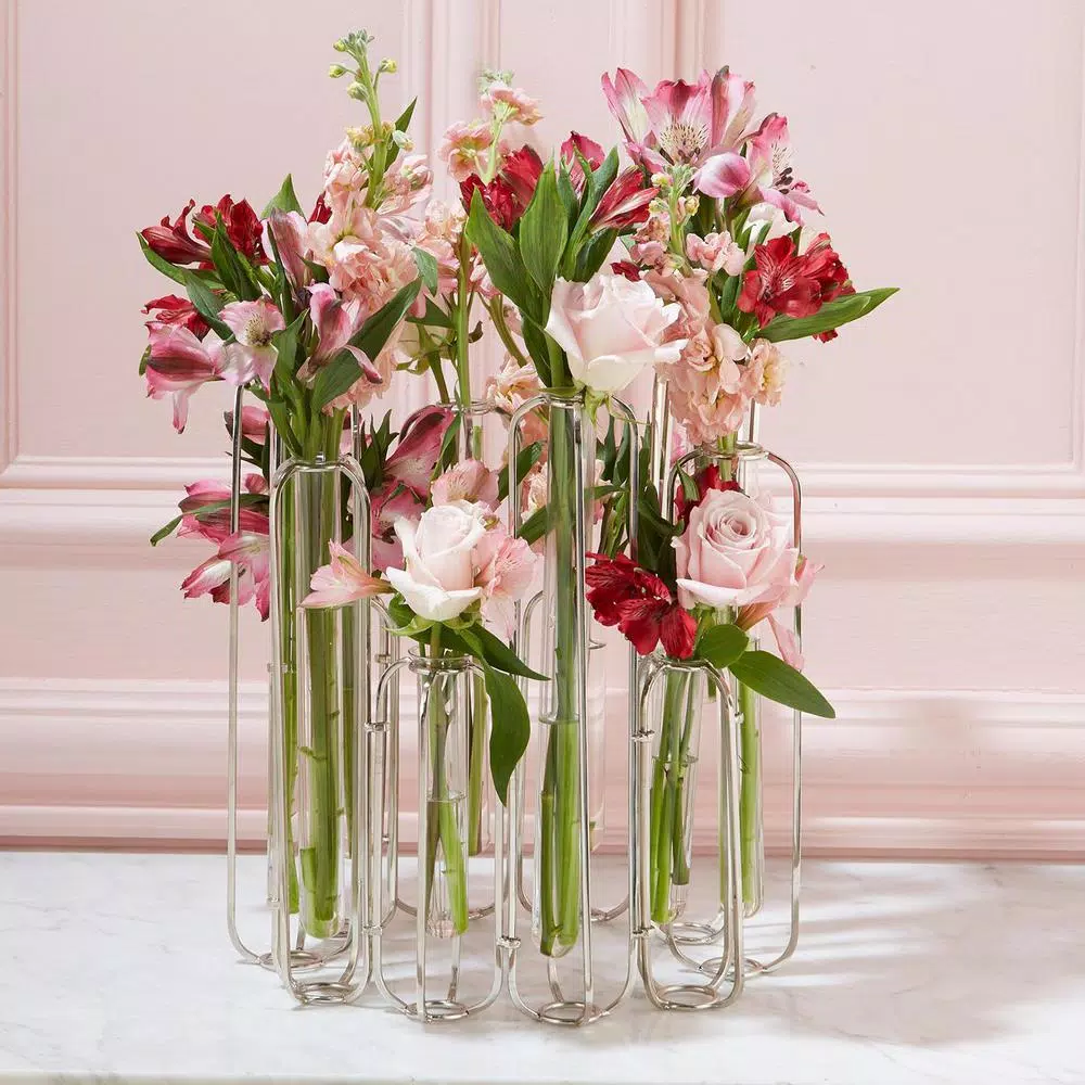 Two's Company Lavoisier Gold Stainless Steel and Glass Hinged Flower Vases, Set of 10