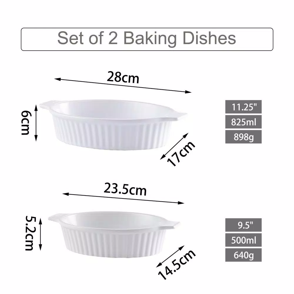 MALACASA 2-Piece White Oval Porcelain Bakeware Set - 9.5 in. and 11.25 in. Ceramic Baking Dishes