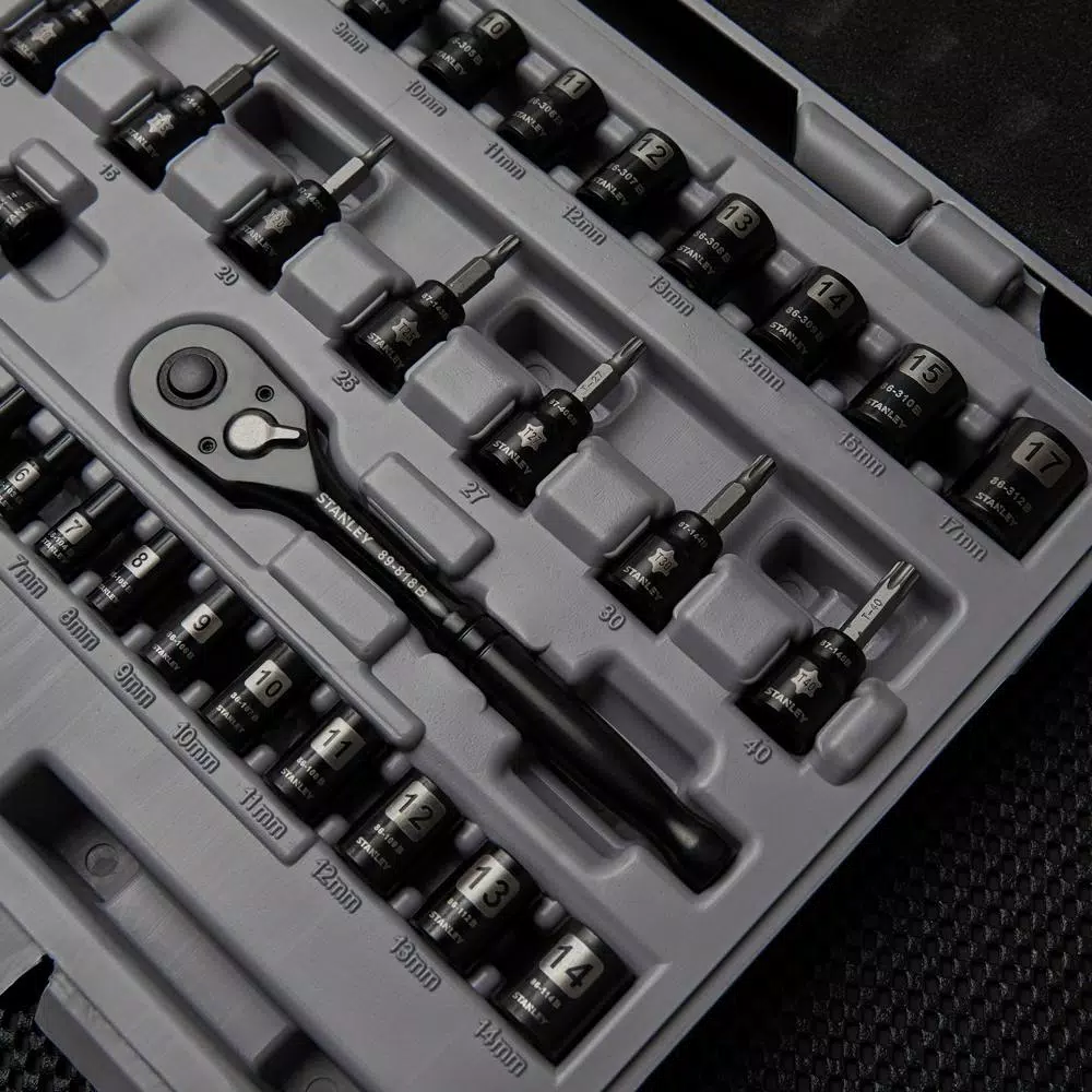 Stanley 50-Piece 3/8 in. Drive SAE and Metric Ratchet and Socket Set with Black Chrome Finish