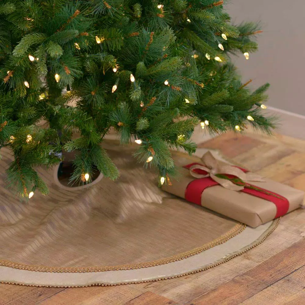 VHC Brands 48 in. Celebrate Bronze Tan Glam Christmas Tree Skirt with Metallic Gold Lace and Ball Trim